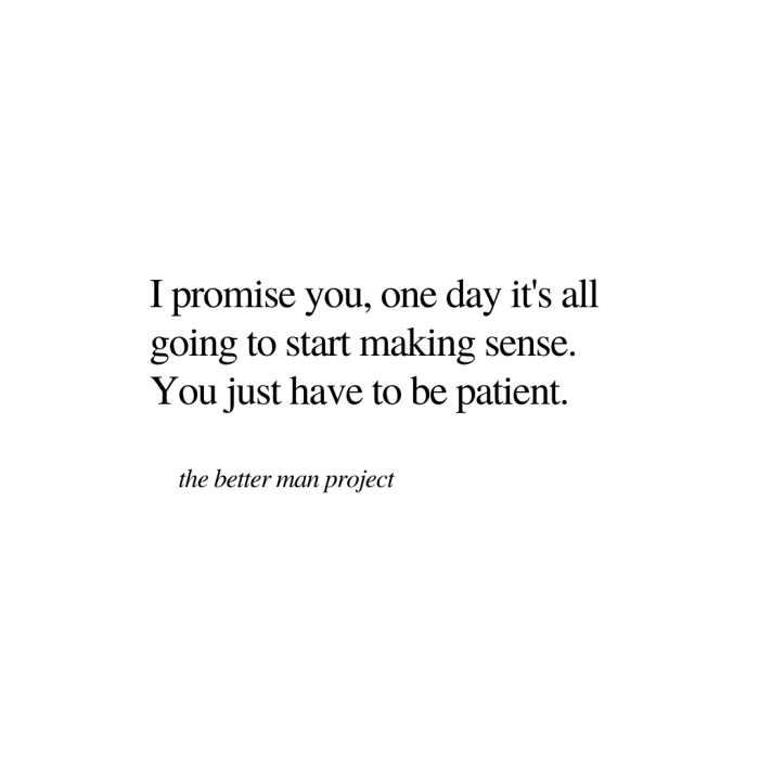 I promise you, one day it's all going to start making sense. You just have to be patient. evan sanders. the better man project. quote.